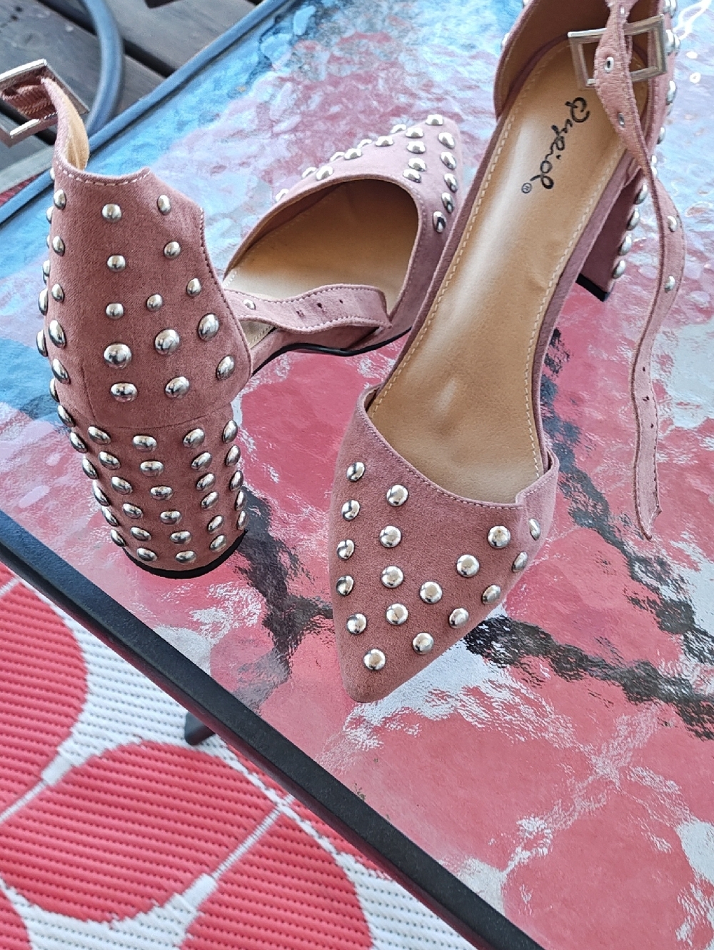 Qupid Dusty Pink Studded Pointed Block Heel Sandals